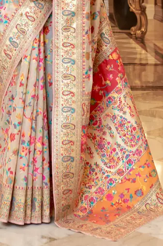 white ethnic motifs woven design zari silk blend banarasi saree