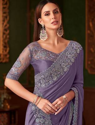 purple sequinned party wear saree 1