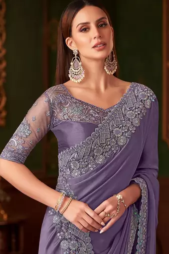 purple sequinned party wear saree