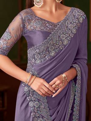 purple sequinned party wear saree 4