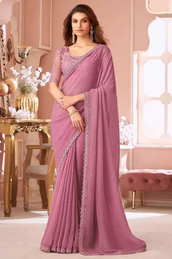 mauve embellished sequinned pure georgette saree