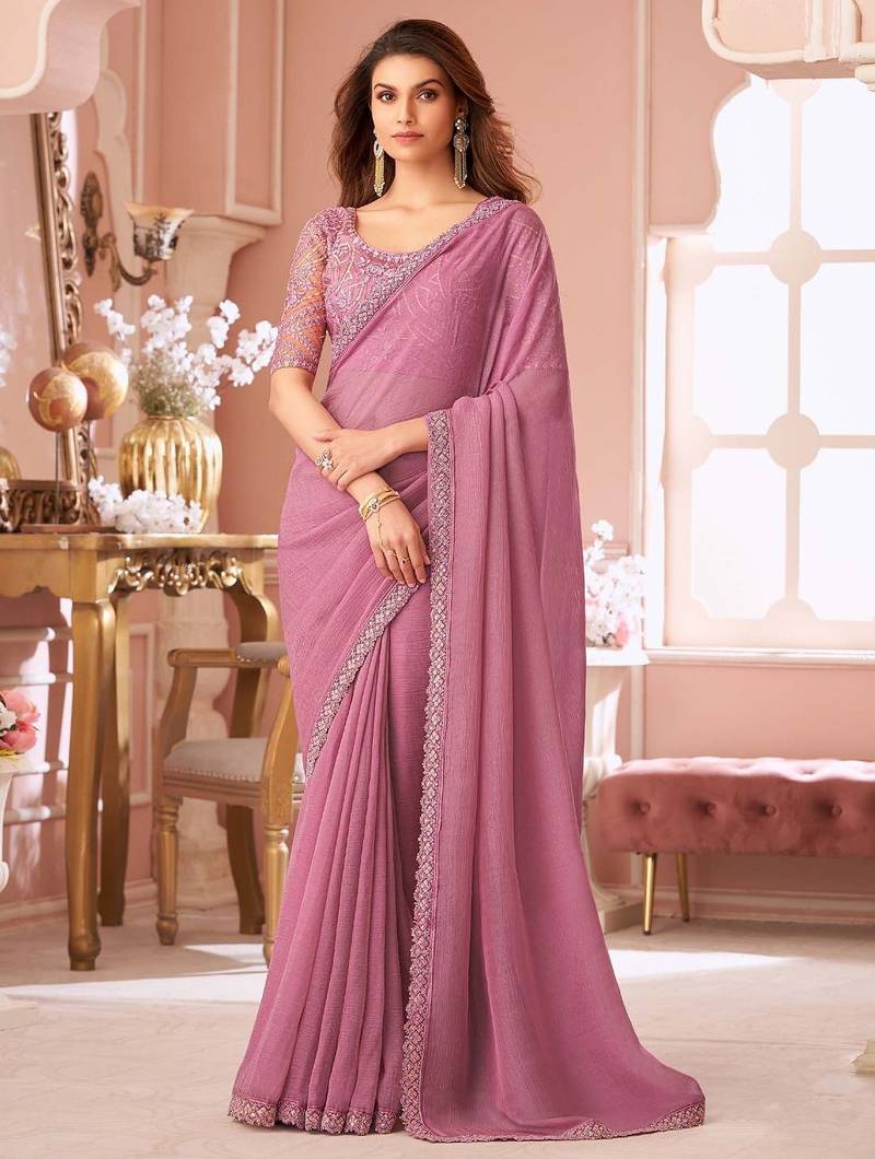 mauve embellished sequinned pure georgette saree