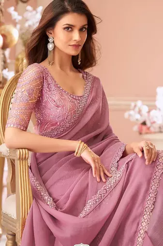 mauve embellished sequinned pure georgette saree