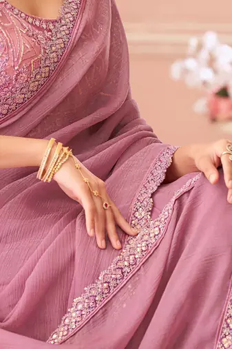 mauve embellished sequinned pure georgette saree