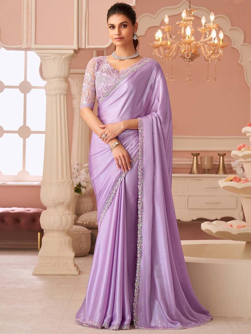 lavender embellished sequinned pure georgette saree