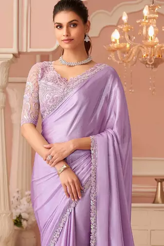 lavender embellished sequinned pure georgette saree