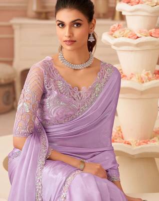 lavender embellished sequinned pure georgette saree 3