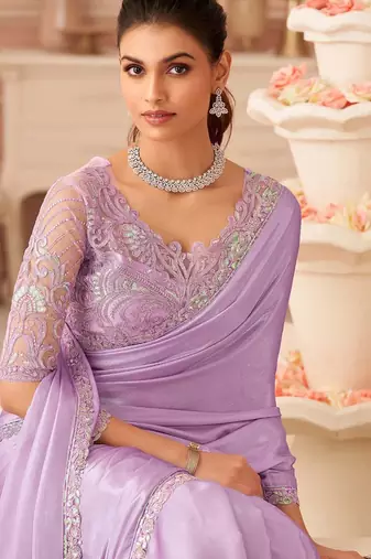 lavender embellished sequinned pure georgette saree