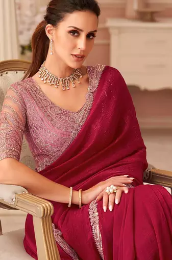 pink embellished embroidered pure georgette saree