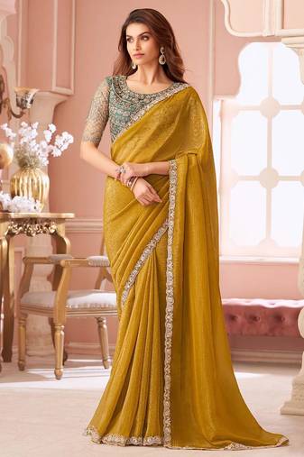 mustard embelished beads and stones pure georgette saree