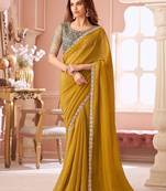 mustard embelished beads and stones pure georgette saree