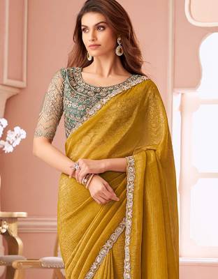mustard embelished beads and stones pure georgette saree 2
