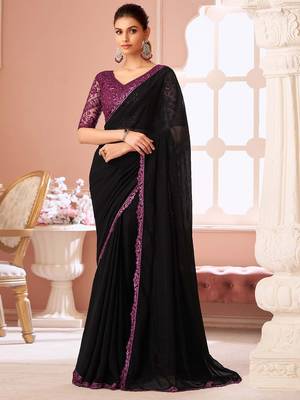 black embellished sequinned pure georgette saree 1