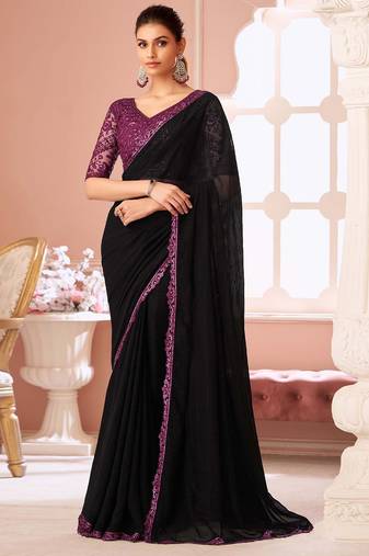 black embellished sequinned pure georgette saree