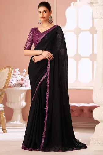 black embellished sequinned pure georgette saree