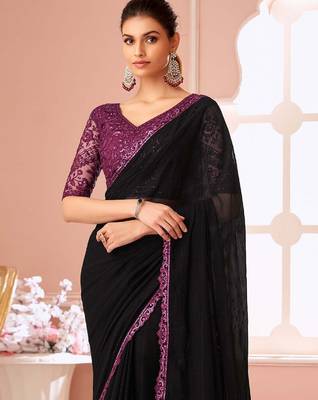 black embellished sequinned pure georgette saree 2