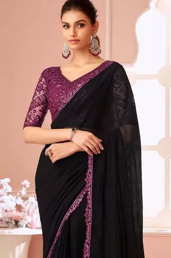 black embellished sequinned pure georgette saree