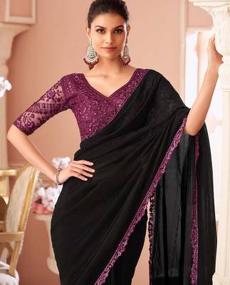 black embellished sequinned pure georgette saree 3