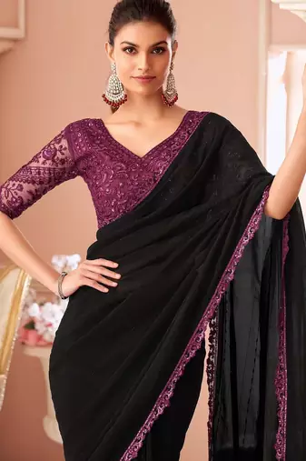 black embellished sequinned pure georgette saree