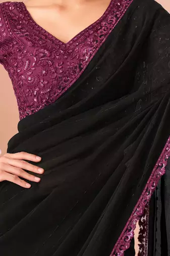 black embellished sequinned pure georgette saree
