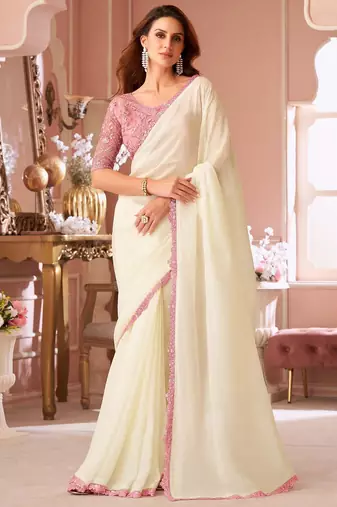 off_white embellished sequinned pure georgette saree