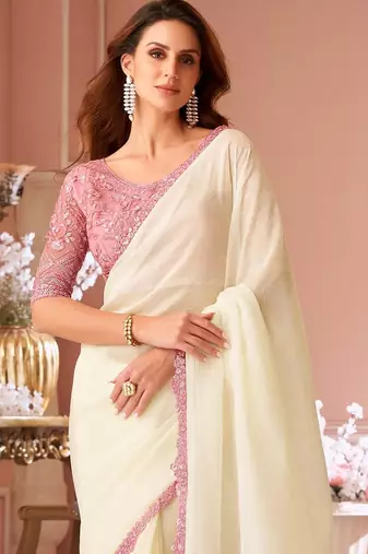 off_white embellished sequinned pure georgette saree