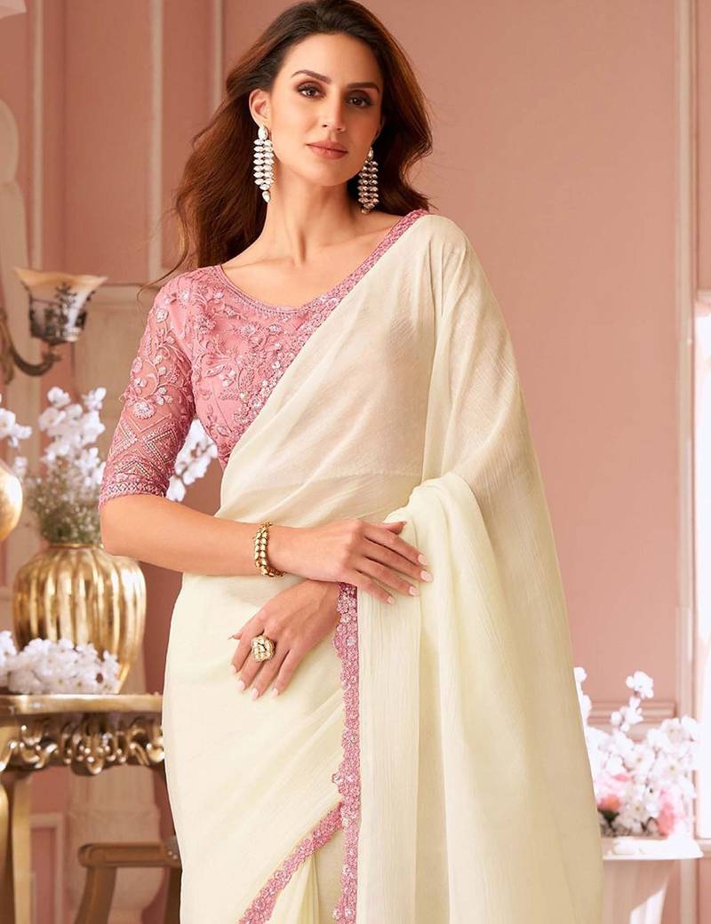off_white embellished sequinned pure georgette saree