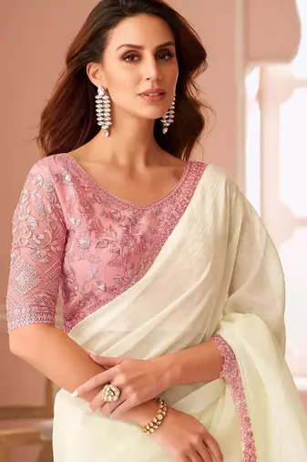 off_white embellished sequinned pure georgette saree