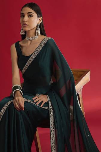 teal sequinned embellished satin saree