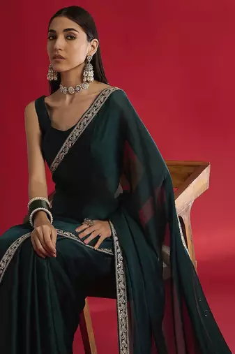 teal sequinned embellished satin saree