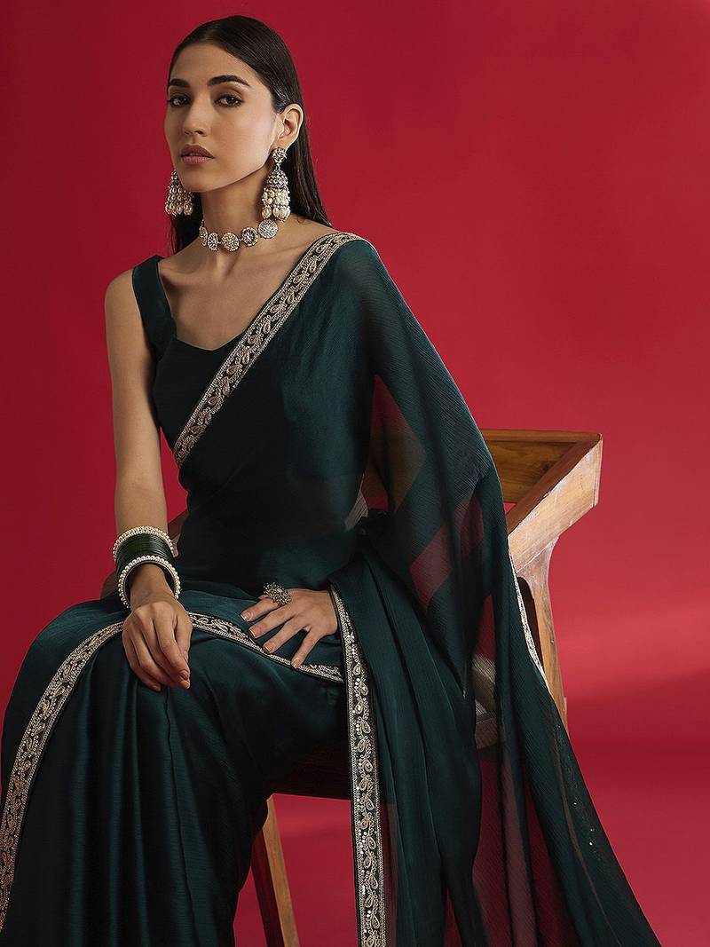 teal sequinned embellished satin saree
