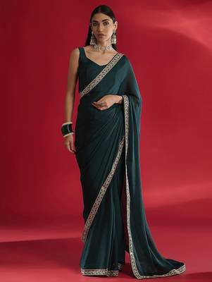 teal sequinned embellished satin saree 2