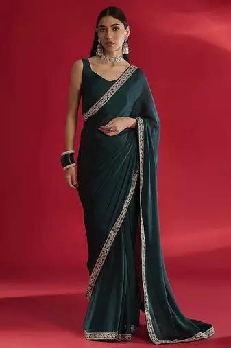 teal sequinned embellished satin saree