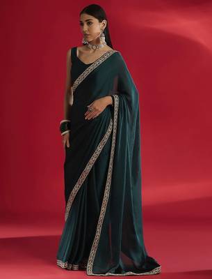 teal sequinned embellished satin saree 3