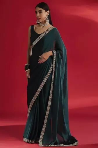 teal sequinned embellished satin saree