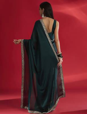 teal sequinned embellished satin saree 4