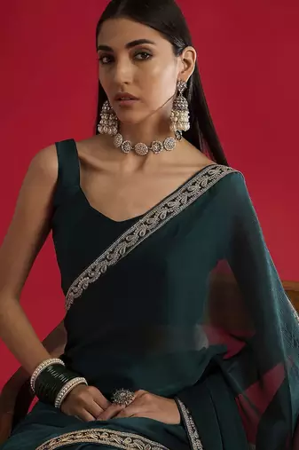 teal sequinned embellished satin saree