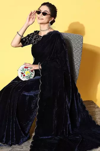blue solid saree with embroidered border