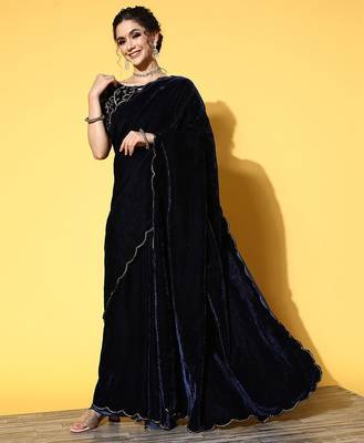 blue solid saree with embroidered border 3