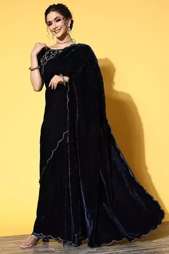 blue solid saree with embroidered border