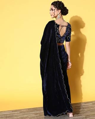 blue solid saree with embroidered border 4