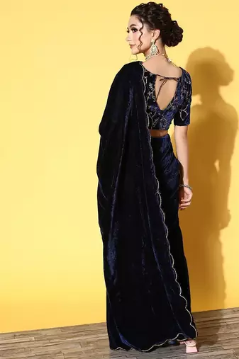 blue solid saree with embroidered border