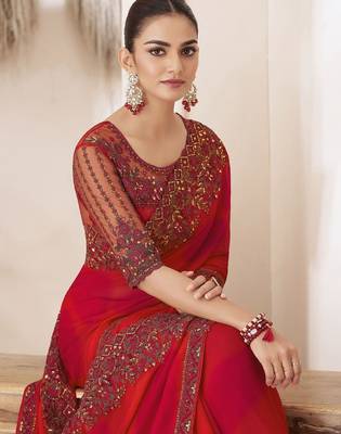 red embellished sequinned pure chiffon saree 1