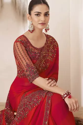 red embellished sequinned pure chiffon saree