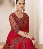 red embellished sequinned pure chiffon saree
