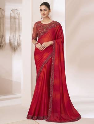 red embellished sequinned pure chiffon saree 2
