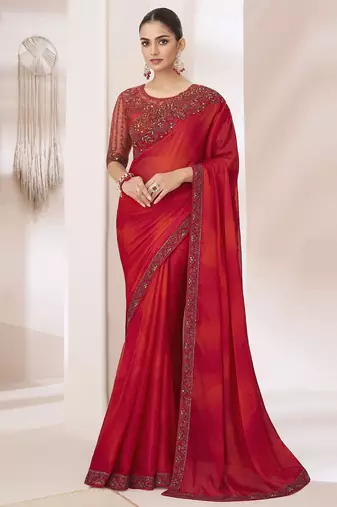 red embellished sequinned pure chiffon saree