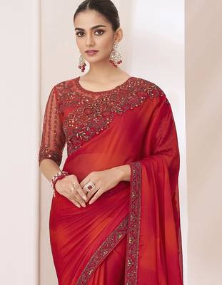 red embellished sequinned pure chiffon saree 3