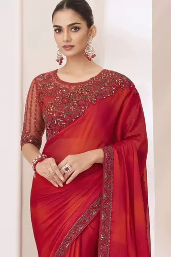 red embellished sequinned pure chiffon saree