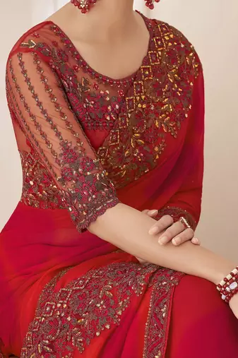 red embellished sequinned pure chiffon saree